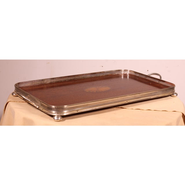 19th Century Silver-Plated Metal and Mahogany Tray For Sale - Image 4 of 10