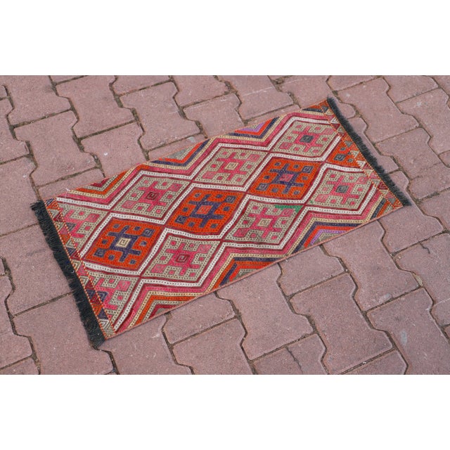 Rustic 1980s Rustic Turkish Hand Knotted Ikat Colorful Kilim Rug For Sale - Image 3 of 9