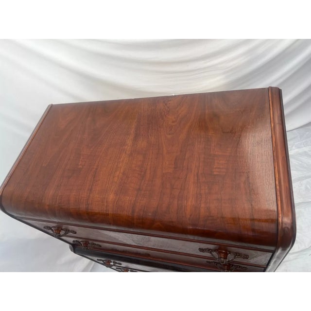 Wood French Art Deco Dresser Five Drawers Bakelite Brass Pulls Satin Waterfall Top For Sale - Image 7 of 12