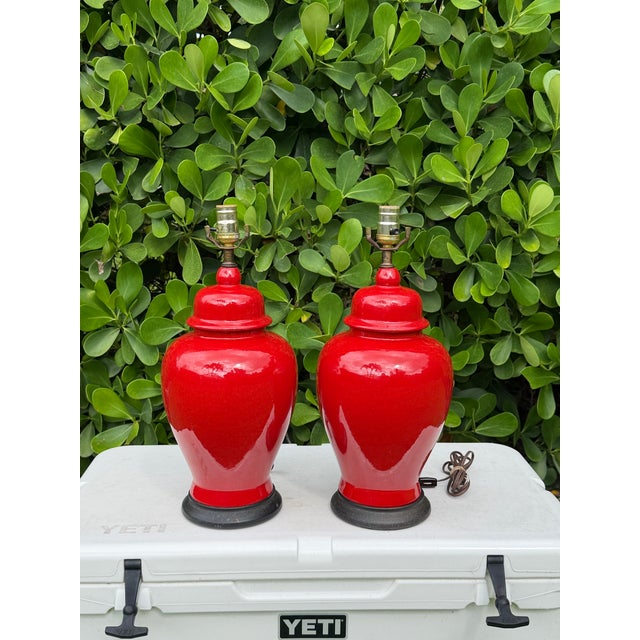 Late 20th Century Vintage Crackle Glazed Red Ceramic Table Lamps, Pair For Sale - Image 5 of 10