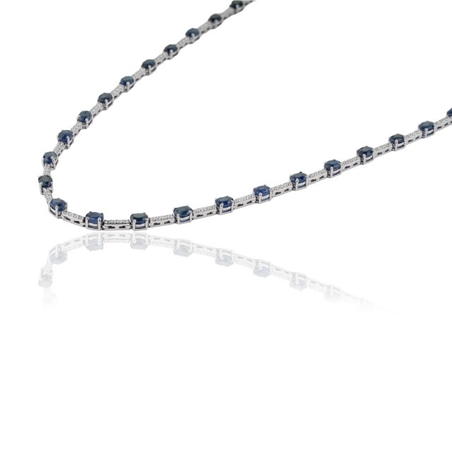 Certified 14k White Gold Natural 10.52ct Blue Sapphire & Diamond Tennis Necklace For Sale In New York - Image 6 of 15