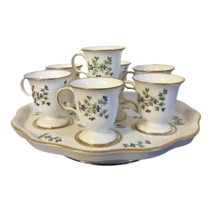 Antique 18th Century French Empire Dihl et Guerhard Porcelain Custard Cups & Stand in Sprig Pattern - 7 Pieces