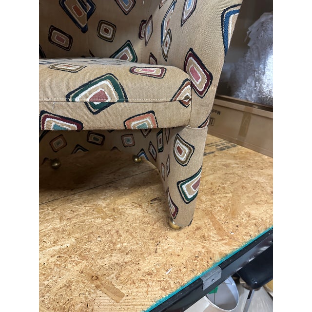 1970s Pair of Fun Design Covered Tan Chairs on Wheels- Missing 1 Wheel For Sale In Atlanta - Image 6 of 10