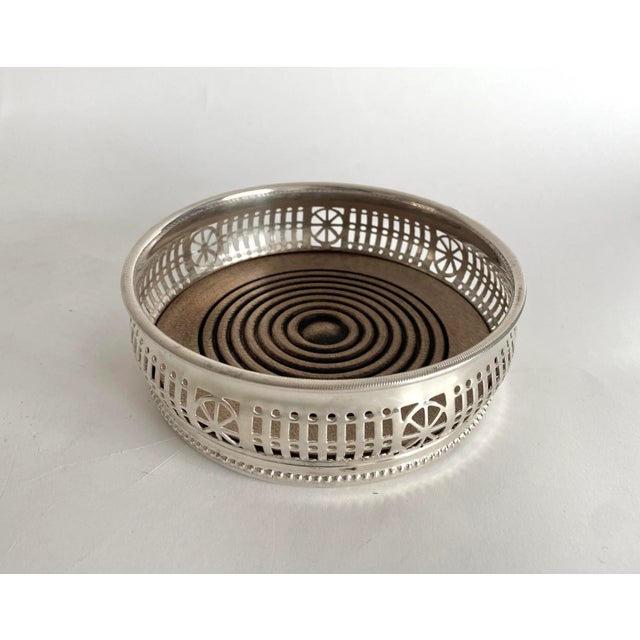 20th century beautiful English Barker & Ellis silverplate and wood wine coater. Silver is in pristine condition and wood...