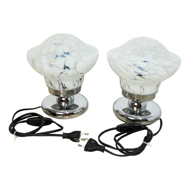 Vintage Italian Bedside Lamps in Chromed Metal and Murano Glass, 1970, Set of 2 For Sale