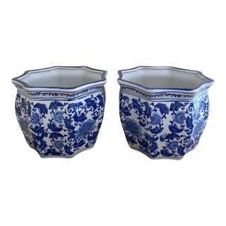 Chinoiserie Large Blue and White Porcelain Planters, Pair For Sale