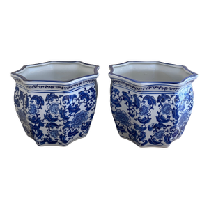 Chinoiserie Large Blue and White Porcelain Planters, Pair