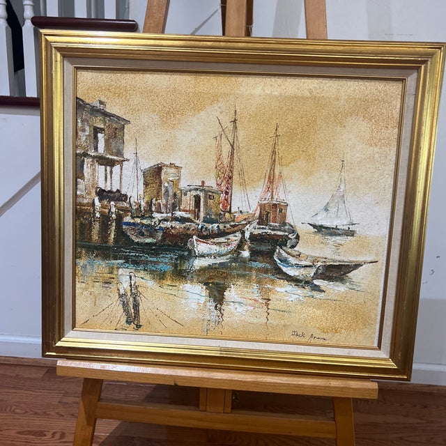 Modern American seascape artist impressionist style framed signed Boats in the harbour