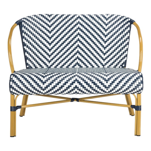 Herringbone Rattan Settee in Navy & White For Sale