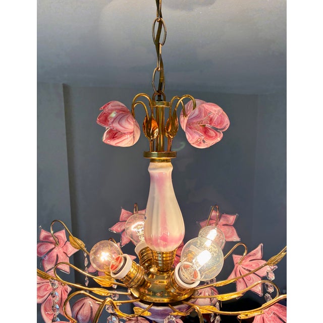 Pink Vintage Murano Style Large Chandelier, Pink Floral Chandelier, Bouquet Style Ceiling Light, 4-Light Flush Mount For Sale - Image 8 of 16