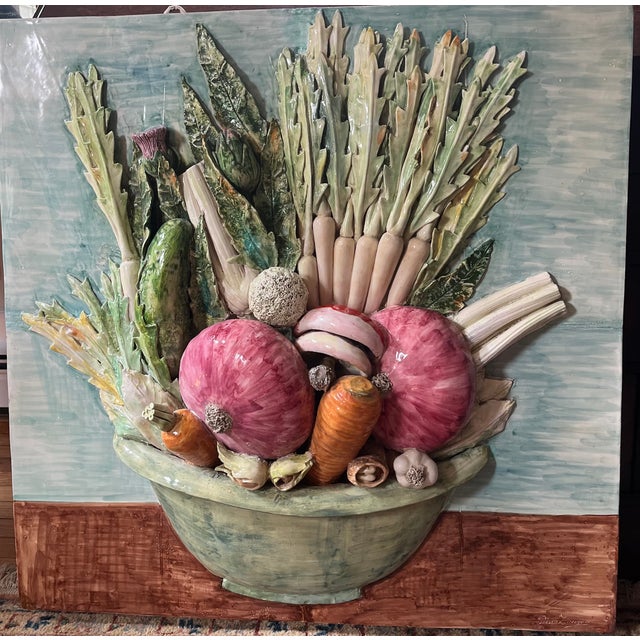 Mid-century, stunning color and detail Italian pottery veggie bowl. Signed Prisco Zaccagni, who died in 1965, from the...