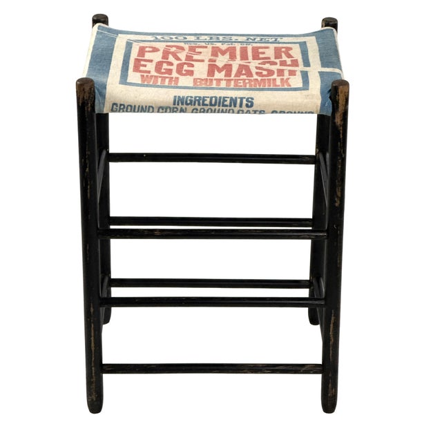 Vintage 1940s Primitive Wooden Stool W/ Black Painted Frame & Premier Egg Mash Feed Sack Seat - 25.5" Tall For Sale - Image 4 of 17