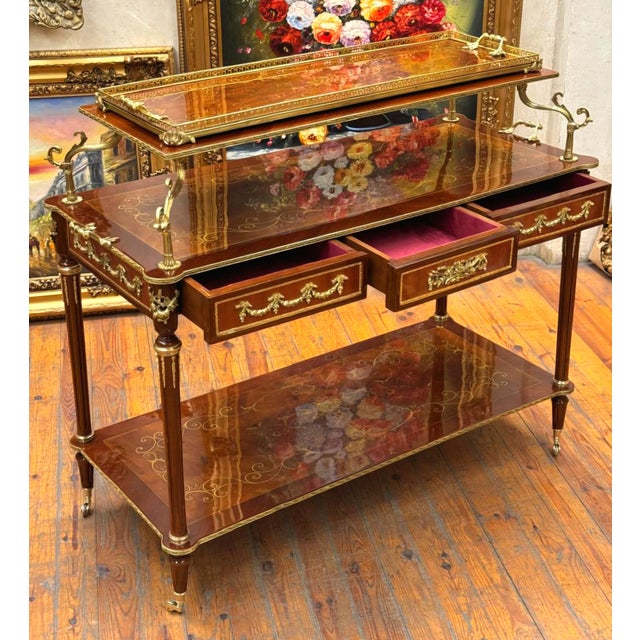 French Louis XVI Style Rolling Serving Table – Wood With Gold Leaf Details, 3 Drawers & Casters For Sale - Image 4 of 4