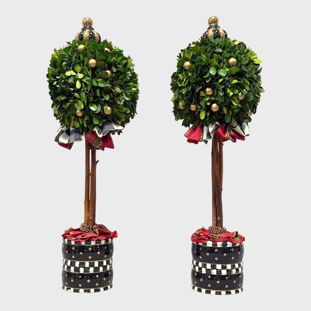 Mackenzie Childs MacKenzie-Childs Courtly Check Holiday Boxwood Topiary Trees With Gold Accents — A Pair For Sale - Image 4 of 18