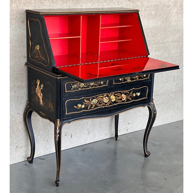 1900 - 1909 Chippendale Style Slant Top Desk in Black Lacquered Wood, Circa 1900 For Sale - Image 5 of 13