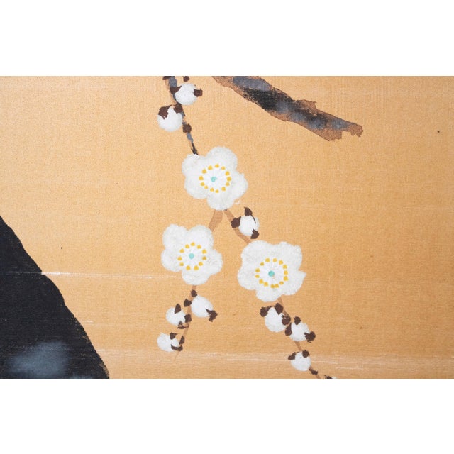 1960s Large Shōwa Era Japanese Silk Byobu Screen "Flycatcher and Sakura" For Sale - Image 9 of 18