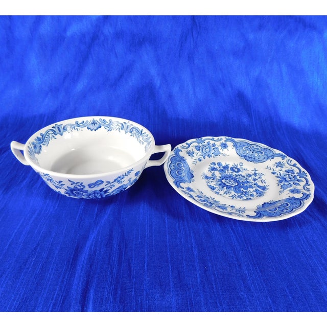 Set of Six Ridgway Windsor Blue Flat Cream Soup Bowls With Underplates For Sale - Image 4 of 6