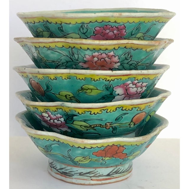 Export Chinese Scalloped Peony Rice Bowls, Set of 5 | Chairish