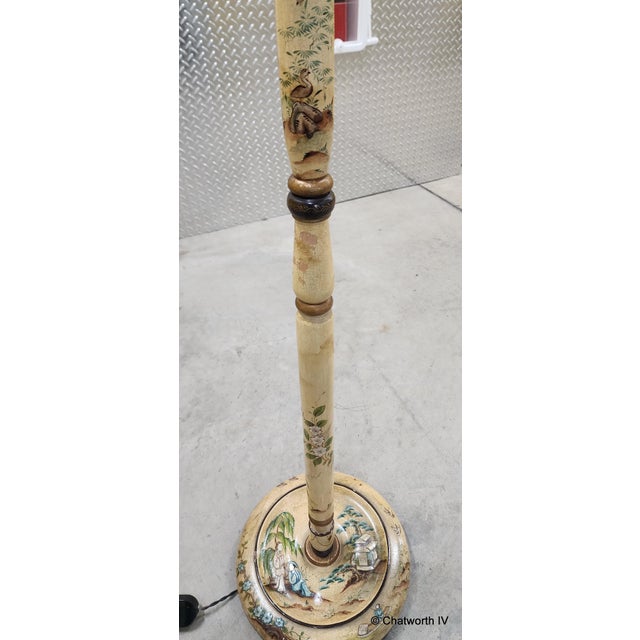 Wood Antique 1930s Asian Chinoiserie Hand Painted Wooden Floor Lamp For Sale - Image 7 of 10