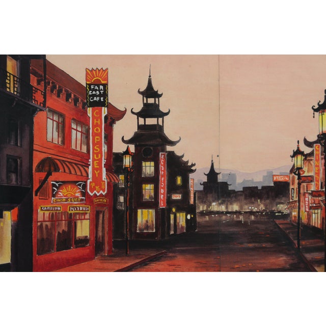 French School Artist, Chinatown in San Francisco at Twilight, 1950s, Ink & Gouache, Framed For Sale - Image 7 of 13