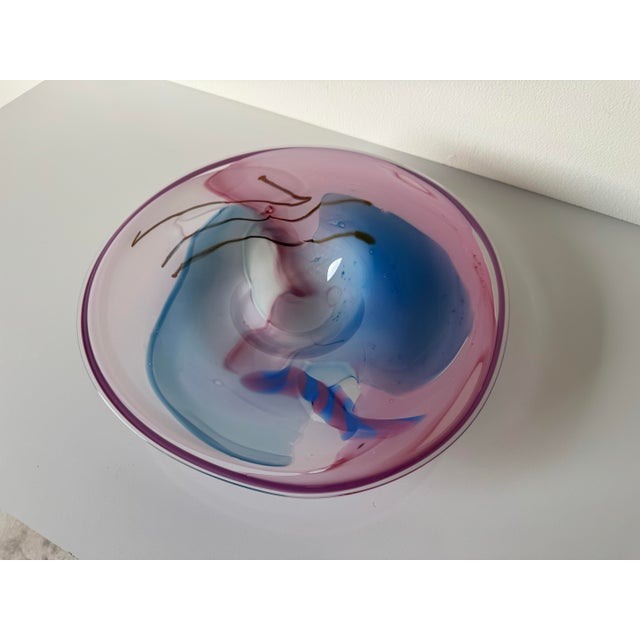 1980s 1980"s Vintage Italian Murano Pink & Blue Swirl Art Glass Centerpiece Bowl For Sale - Image 5 of 12