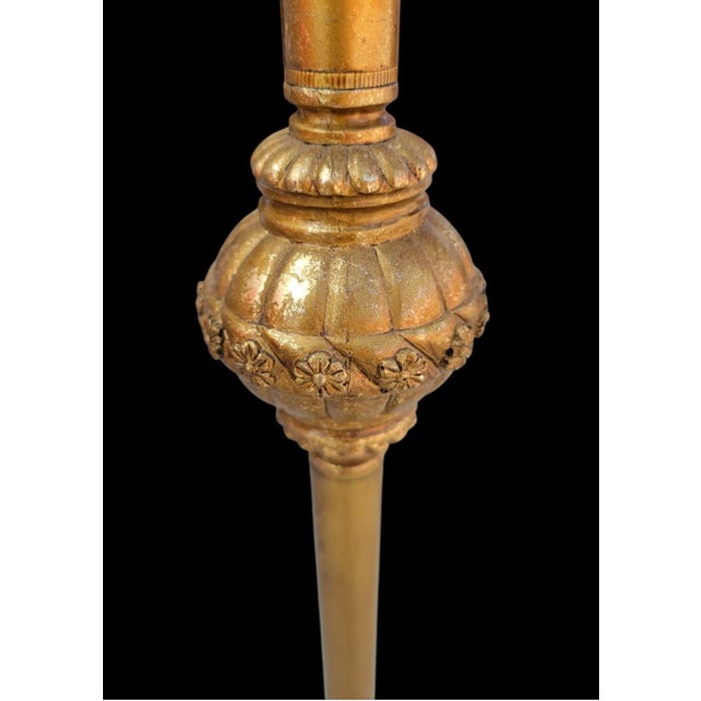 Hollywood Regency Vintage Fortuny Style Red Tassel Bridge Arm Faux Leather Gold Leaf Floor Lamp For Sale - Image 3 of 11