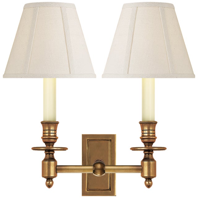 Traditional Visual Comfort Signature French Double Library Sconce in Hand-Rubbed Antique Brass with Linen Shades For Sale - Image 3 of 3