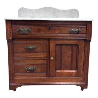 Antique Victorian Eastlake Walnut Marble Top Knapp Joint Washstand For Sale
