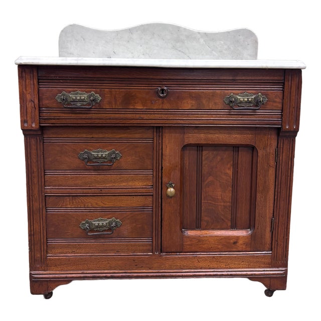 Antique Victorian Eastlake Walnut Marble Top Knapp Joint Washstand For Sale