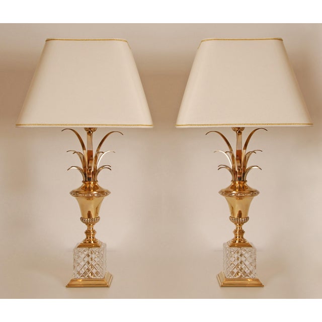 Mid-Century Hollywood Regency Table Lamps in Crystal and Gilt Brass Reed by Maison Jansen for Maison Charles, 1970s, Set of 2 For Sale - Image 12 of 13