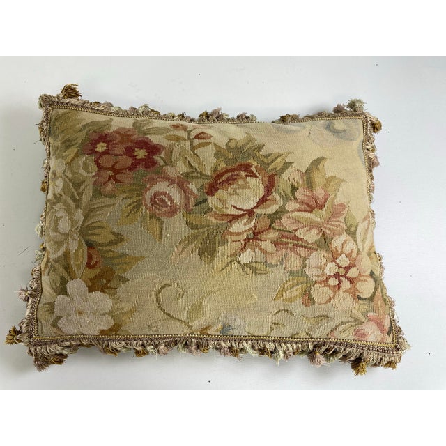 Vintage Tasselled Floral Aubusson Tapestry Pillow For Sale - Image 4 of 9