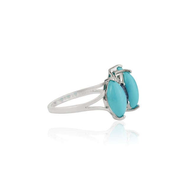 Metal 18k White Gold 3.31ct Turquoise, Blue Sapphire & Diamond Georgian Revival Ring Size 6 For Sale - Image 7 of 17