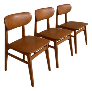 Dining Chairs in Teak and Vinyl, Set of 3