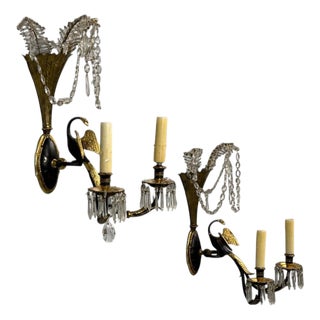 1930s Neoclassical Style, Swan Sconces, Gilt Metal, Crystal, France - a Pair For Sale