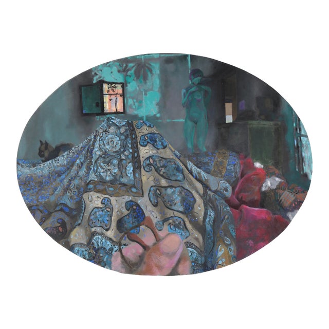 1960s "Are You Sleepy Tonight?" Interior with Nude Oil Painting by Narcissus Robert Quagliata For Sale