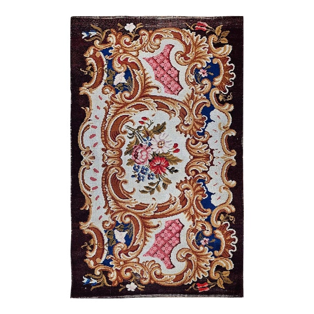Vintage French Savonnerie Rug, Hand-Knotted Wool, Floral Pattern, Chocolate Brown & Ivory, 4’ X 7' For Sale