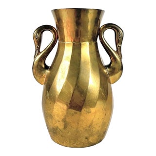 Vintage Brass Swan Handle Vase For Sale