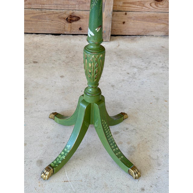 Traditional Antique Tripod Pedestal Table With Botanical Décor Finish and Brass Feet For Sale - Image 3 of 11