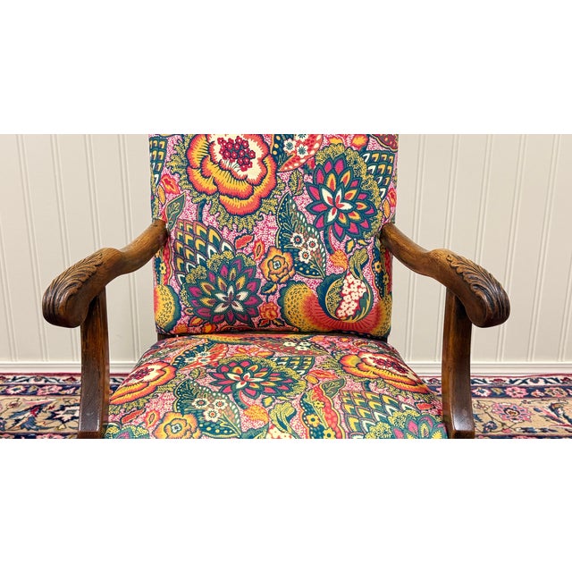 Antique Pair of Catalan Style Carved Oak Recently Upholstered Armchairs C. 1920s For Sale - Image 15 of 18