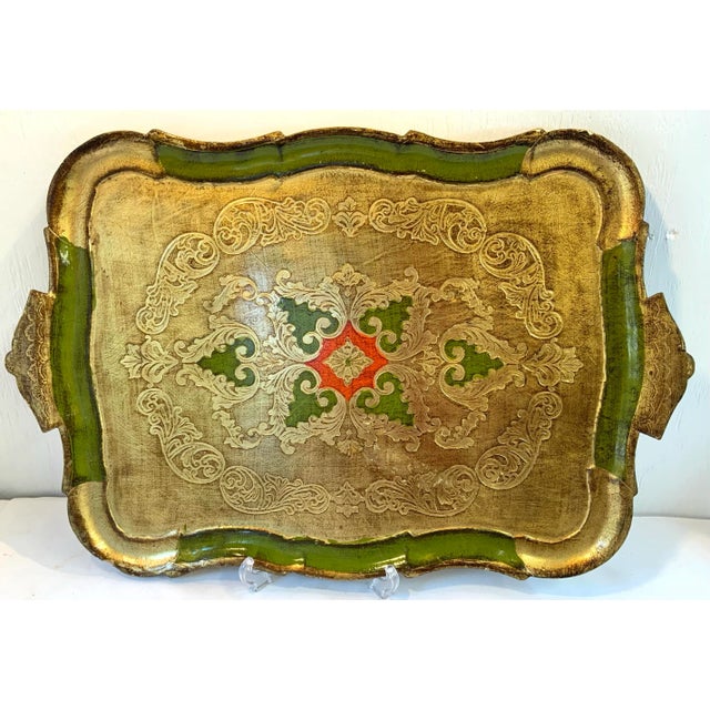 Very nice large size rectangular gilt wood gold Italian tray with green accents! Great for the holidays!