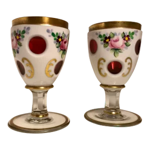 Set of 2 Vintage Czech Bohemian Moser Cordials White Enamel Cut to Cranberry