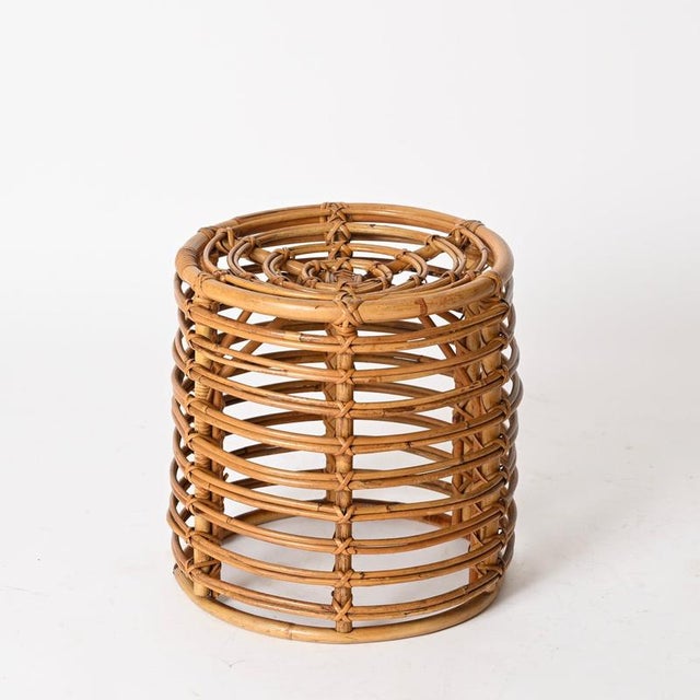Wood Rattan and Wicker Round Pouf Stool attributed to Tito Agnoli, Italy, 1960s For Sale - Image 7 of 12