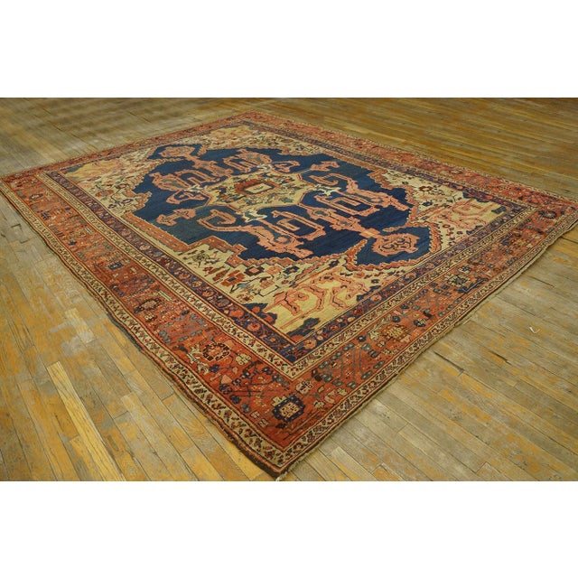 1870s Blue Navy Medallion Tribal Antique n.w. Persian Bakshaiesh Rug 9' X 12' Handknotted Wool Carpet For Sale - Image 4 of 15
