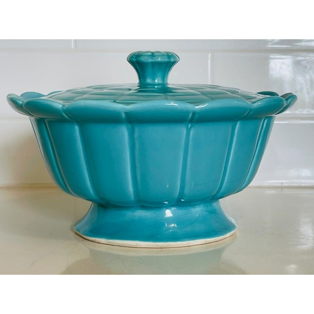 Mid 20th Century Turquoise Ceramic Bowl With Lid, Vintage For Sale - Image 14 of 15