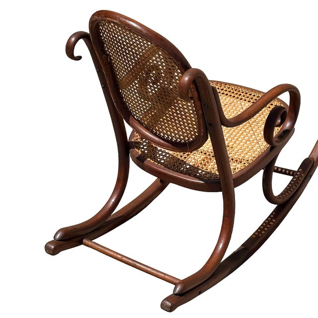 Antique Vienna Secession Bent Oak & Cane Scrolling Children Sized Rocking Chair, Thonet For Sale - Image 4 of 7