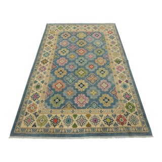 Kazak Rug 5’6” X 7’10” Blue Wool Tribal Hand-Knotted Oriental Carpet For Sale