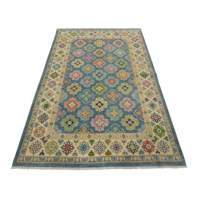Kazak Rug 5’6” X 7’10” Blue Wool Tribal Hand-Knotted Oriental Carpet For Sale
