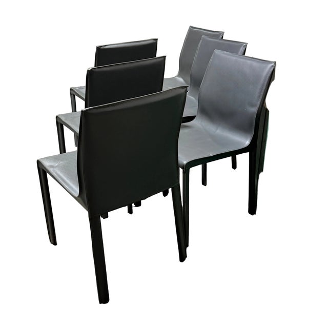 Set of 6 Chic Modern Gray Leather Stitched Dining Chairs For Sale - Image 4 of 9