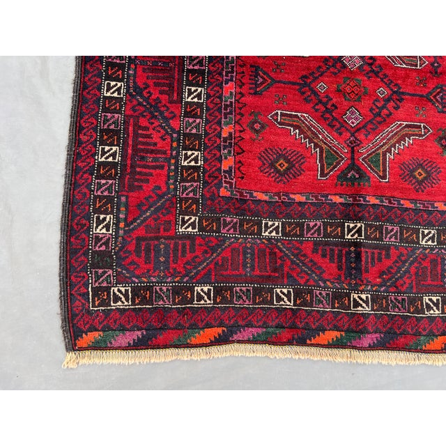 3'10" X 7'10" Vintage Afghan Hand-Knotted Baluchi Rug, Red Tribal Geometric Kitchen Rug For Sale - Image 9 of 12