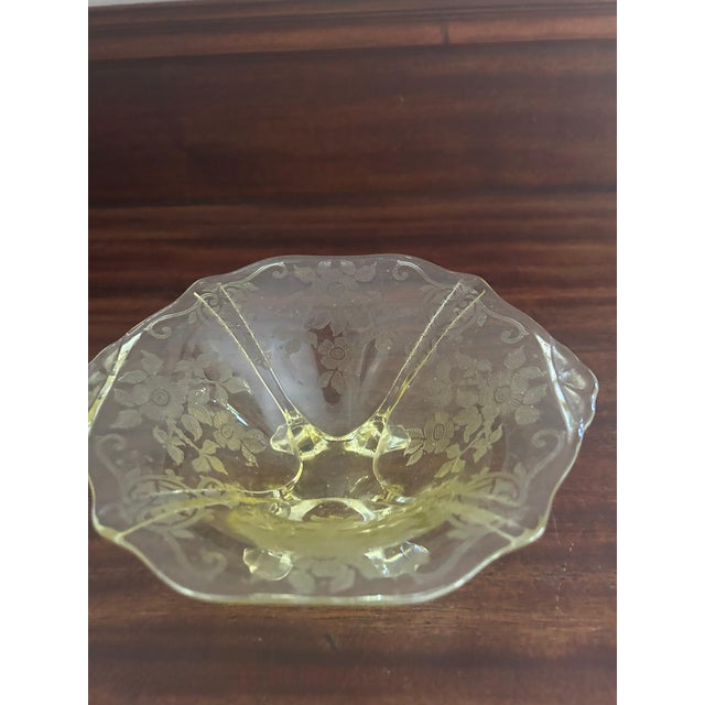 Cambridge Glass Company Vintage 1930s Yellow Cambridge Glass Apple Blossom Footed Candy Dish. For Sale - Image 4 of 5